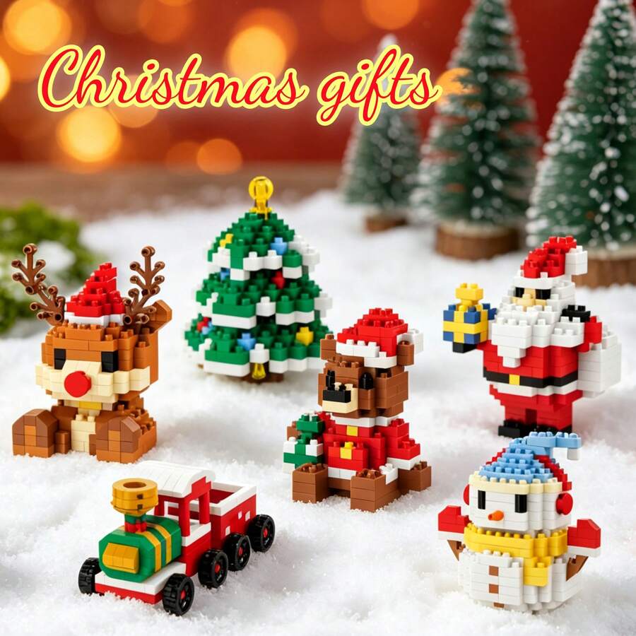 Micro-Particle Mini Christmas Theme Building Blocks Series, ABS Material, Includes: Santa Claus With Gift, Christmas Tree, Reindeer, Blue Hat Snowman, Wooden Bear, Small Train And Other Christmas Building Blocks Gift. Children's Stacking Blocks Toy Set, Soft Stress Relief Item, Creative DIY Educational 3D Handmade Assembly Toy. - Multicolor - View 1