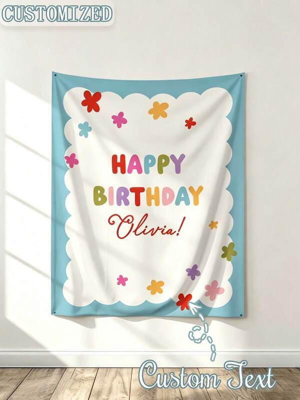 Fondo de pared personalizado para cumpleaños, nombre personalizado, decoración de pared con letras y flores vintage de colores, fondo de tela reutilizable, fondo de fotos de cumpleaños, decoración para fiestas en casa