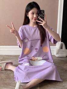 Camisón de mujer de cuello redondo lindo, estampado de oso de dibujos animados de manga corta, primavera/verano - Morado - Ver 2