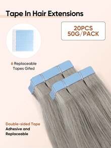 Jessie's Wig 20pcs 50g Tape In Hair Extension, 100% Real Remy Human Hair Extension For Salon Silky Seamless Invisible Skin Weft Tape Ins, Silver Grey Color, For Thinning Hair Woman Natural Look Can Be Reused ,Add Volume Halloween Costumes - SSilver - View 5