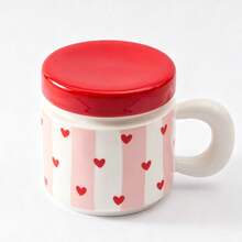 1pc 340ml/11.5oz Fashionable Pink Vertical Striped Ceramic Tea Cup With Lid And Filter, Cute Princess Style Red Heart Bow Print Porcelain Tea Infuser Mug, Suitable For Loose Leaf Tea, Coffee, Milk, Sweet Romantic Anniversary Birthday Gift Cup - Multicolor - View 13