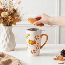 1pc 490ml/16.5oz Cottagecore Autumu Ceramic Tea Cup With Infuser And Lid, Hello Pumpkin Large Capacity Porcelain Coffee Cup Infuser Mug For Loose Leaf Tea Coffee Cocoa, Fall Home Kitchen Decor Drinkware, Gift For Halloween Thanksgiving Harvest - Multicolor - View 4
