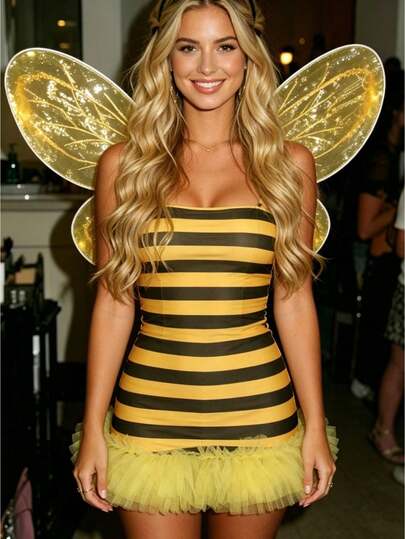 Halloween Bee Cosplay 2 Piece Set, Black Yellow Striped Strapless Tutu Dress With Sparkly Golden Wings, Cute Fancy Dress For Women Night Party