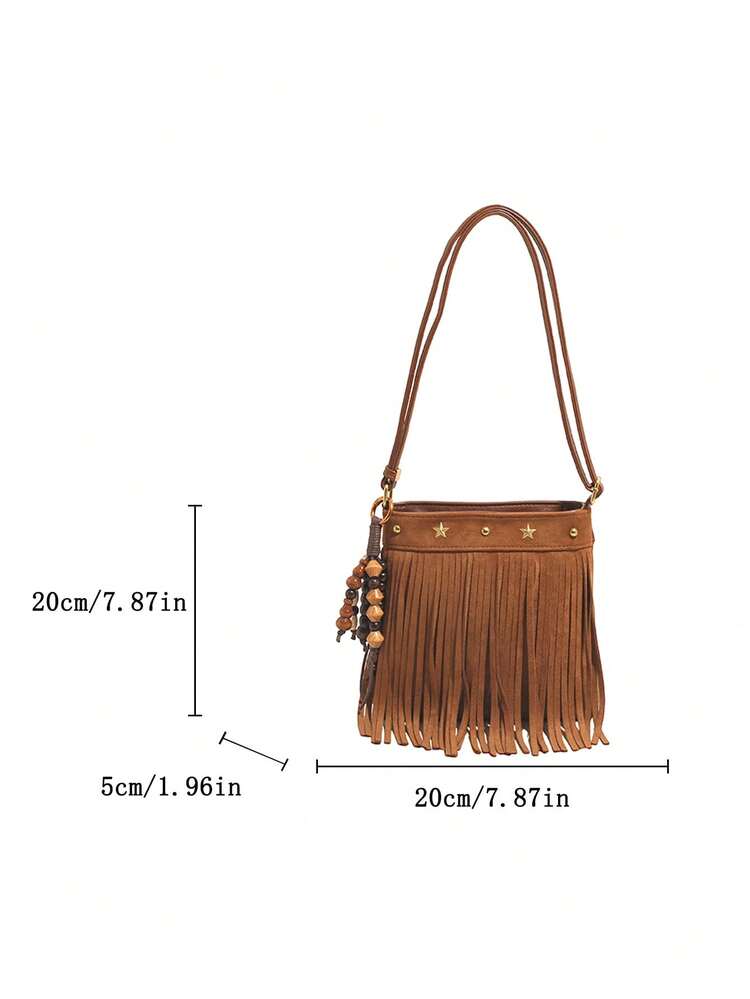 Bohemian Minimalist Personalized Vintage Double-Sided Tassel Crossbody Shoulder Matte Small Bag - Brown - View 9