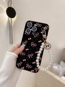#Android# 1件黑色TPU甜美女孩風粉色蝴蝶結櫻桃滿版印花防震全包手機殼，附1件珍珠蝴蝶結掛鏈，適用於百搭手機殼/掛繩手機殼/趣味手機殼/Android手機殼/手機殼 - 彩色 - 查看 2