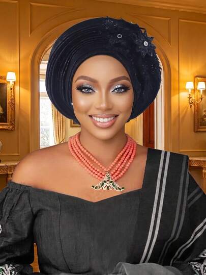 1pc Women Luxury Auto Gele With Rhinestone 3D Floral Decor Pleated Pre-Tied Nigerian Turban, Elegant African Head Wrap For Wedding Church Banquet