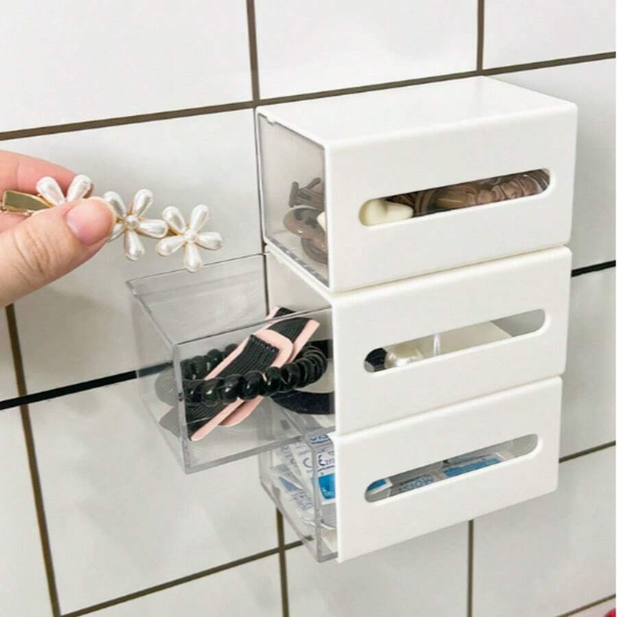 3/1pc Wall-Mounted Cotton Swab Holder, Cosmetic Storage Box, Jewelry Storage Box, Plastic Storage Rack, For Organizing And Storing Cotton Swabs, Dental Floss, Hair Ties, Hair Clips, Cotton Pads, Powder Puffs, Etc., Suitable For Home Use - White - View 1