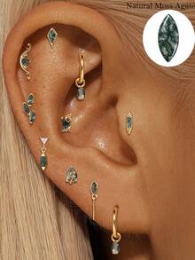 EleRunis 1PC 925 Sterling Silver Moss Agate Marquise Flat Back Piercing Earring Cartilage Helix Piercing Tragus Helix Conch Find Jewelry For Women Daily Wear - Silver - View 13