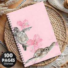 1 Spiral Bound Notebook, Printed With Watercolor Turtle And Hibiscus Flower Pattern, Pink Floral Ocean Style, A5 Lined Pages; Ideal For School/Office Supplies, Also A Great Gift For Marine Life Enthusiasts. - Ocean Series - View 3