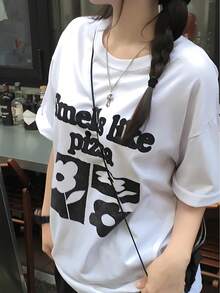 Women Black Loose Crew Neck Y2K Short Sleeve  Letter Print Versatile Summer Tee Fast Local Delivery - 白色 - 查看 4
