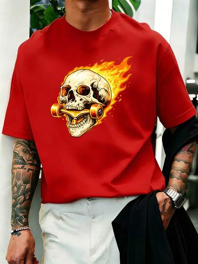 Flaming Skull Skateboard Tee Soft Cotton, Easy Fit, Casual, Comfortable, Statement Print