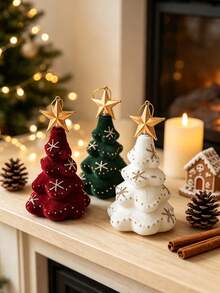 1PC Cozy Vintage Velvet Flocked Mini Christmas Tree Shaped Tabletop Figurine, Gold Star Topper Glitter Snowflake Detail Hanging Tree Decor, Festive Desktop Craft Ornament Pendant For Christmas Xmas Dinner Table Mantle Winter Room - Multiple Styles - View 7