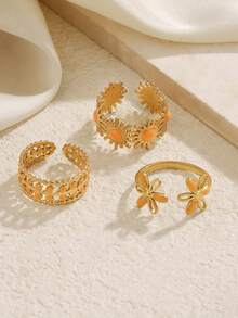 3pcs Stainless Steel 18K Gold Plated Summer Elegant Style City Leaf Flower Sun Ring Set Suitable For Women Daily Holiday Vacation Wear - Multicolor - View 4