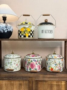 Vintage Luxury Enamel Storage Bucket With Lid, Large Capacity Home Storage Jar, Classic Colorful Floral Print Design, Fine Smooth Enamel Material Moisture-Proof Stain-Resistant Easy To Clean, Equipped With Metal Handle And Wooden Grip, Convenient And Effortless To Move, Sealed Lid Design Effectively Prevents Dust And Insects, Practical Storage For Kitchen Ingredients, Snacks And Dried Goods - View 2