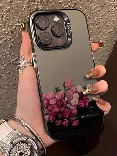 Rose Painted Black New Ind Vibrant Colorful Silver Painted Anti-Drop Phone Case Protective Cover Compatible With Apple 17, 17 Pro, 17 Pro Max, 15, 16, 16 Pro Max, 14 Pro Max, 13, 11, 12, XR, Cartoon 78G Series A13 4G, A14, A04, A34