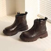 1 Pair 2026 New Children's Minimalist Solid Color Ankle Boots, Side Zipper Thick Sole Design, Retro Versatile Style, Suitable For Daily Wear And School Outfits - Brown - View 4