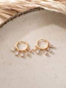 1 Pair Gold Rectangular Zirconia Pendant Earrings, Delicate Crystal Tassel Small Hoop Earrings, Elegant Party Gift Accessory - Rose Gold - View 2