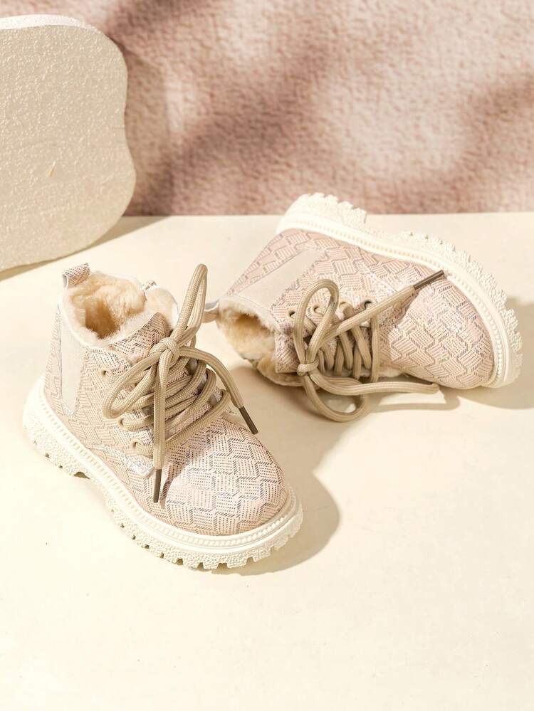 1 Pair Laser Grid Reflective Pattern Workwear Front Lace-Up Inner Zipper Thick Sole Winter Children's Ankle Boots - Beige - View 4