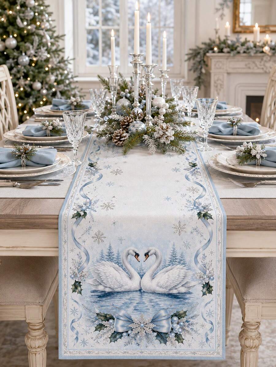1pc Blue White Winter Swan Table Runner, Elegant Linen Rectangular Snowflake Holly Ribbon Lake Swan Printed Tablecloth Cover For Dining Table, Kitchen, Buffet, Christmas Dinner, Holiday Party And Winter Home Decor - Multicolor - View 1