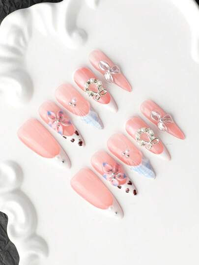 10pcs 100% Handmade Press-On Nails, Long Coffin Shape Fake Nails, Blush Pink French Tip, Silver Bow Decoration, Rhinestone Floral Wreath, Blue Plaid Floral Accents, Multi-Layer Gel, Reusable, Includes Tool Kit, Y2K Style Suitable For Daily Wear, Party, Vacation, Gift For Women
