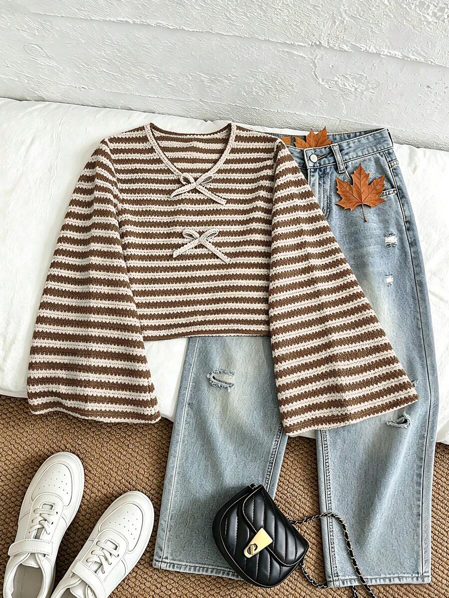 Lurzo Girls' Autumn/Winter Casual Colorblock Striped Bow V-Neck Flared Sleeve Crop Top, Unique Soft Striped Fabric, Suitable For Daily School And Gatherings - Brown - View 1