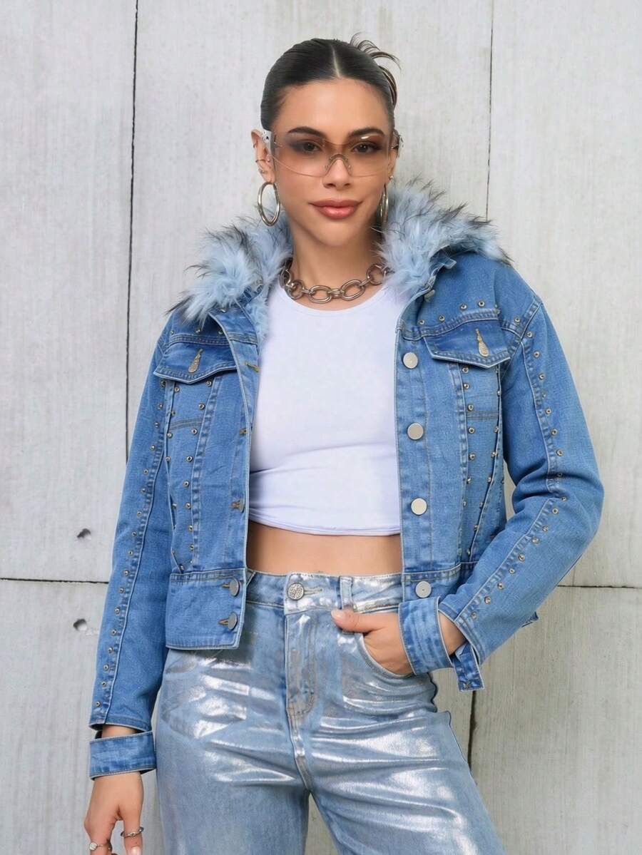 Chaqueta Corta Negra con Tachuelas y Cuello de Piel Desmontable para Mujer, Chaqueta Ajustada Estilo Y2K Urbano - Neblina azul - Ver 1
