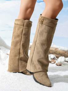 Autumn/Winter New Slouchy Khaki Wide Shaft High Tube Boots For Women, Pointed Toe Low Heel Buckle Ruched Stacked Shaft Boots, Commute And Street Wear Versatile Style - Khaki - View 4