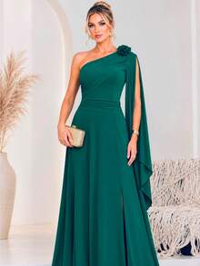 Bridesmaid Dress For Party Guests Reception Graduation Without Shine Cape Sleeve In Fluity Cpom Flower Brooch - verde esmeralda - Ver 1