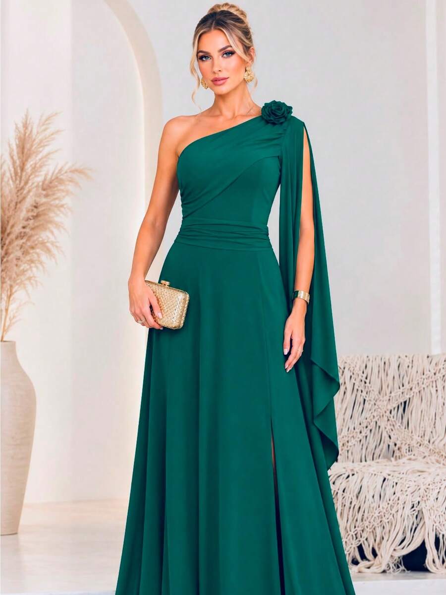 Bridesmaid Dress For Party Guests Reception Graduation Without Shine Cape Sleeve In Fluity Cpom Flower Brooch - verde esmeralda - Ver 1