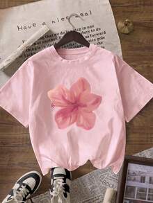ZZG 夏季女款「花朵」圖案印花街頭休閒通勤 Y2K 風格粉色圓領短袖 T-shirt 上衣 - 粉色 - 查看 2