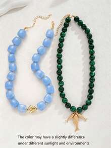 2/1pc Casual Bohemian Style Acrylic Beaded Fish Pendant Collarbone Necklace Set, Geometric Pattern Round Necklace For Women, Daily Wear, Date, Party, Summer Beach Vacation, Perfect Birthday Gift For Best Friend (Random Beaded Quantity + Slight Color Difference) - Blue - View 2
