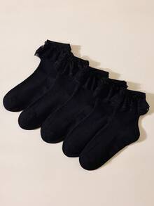 1/3/5 Pairs Women's Black Lace Ruffle Trim Short Socks, Soft Breathable Ribbed Knit Ruffle Mid-Calf Socks, Suitable For Daily Wear, Party, Cosplay, Vintage Ballet Core Lolita Princess Dress Socks - Black - View 11