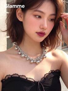 1pc Shiny Reflective Multi-Ball Braided Patchwork Necklace For Women, Minimalist Style, Personalized Party Outfit Accessory, Fashion Casual Vacation Collarbone Chain - Silver - View 9