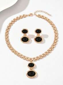 2pcs Minimalist Vintage Creative Wide Chain Geometric Oval Acrylic Pendant Necklace + Earrings Set, Women's Jewelry, Suitable For Daily, Holiday, Party Wear, Gift For Women - Golden Yellow+Black - View 4