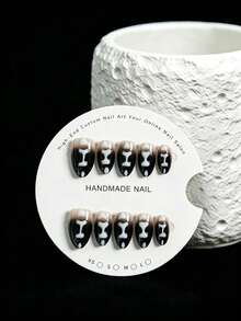 10pcs Handmade Press-On Nails, Almond Shape Y2K Gothic Dark Gradient With Hand-Painted Asymmetrical Cream White 3D Bone Pattern, Unique Niche Style For Girls, Suitable For Halloween Outfit, Includes Tool Kit - 黑色 - 查看 2