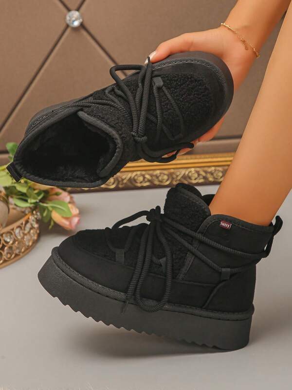 Women's Comfortable Non-Slip Black Lace-Up Warm Thick Sole Snow Boots Slip-On High Platform Thick Sole Boots Fuzzy Lining Warm Women's Boots Autumn/Winter Daily Wear Black Snow Boots