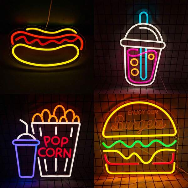 4-Piece American Fast Food Style LED Neon Light Set - Burger, Hot Dog, Popcorn, Beverage, Snack Shop, Store, Fast Food Restaurant Wall Decor Atmosphere Light, Suitable For Food Festival, Food Event, Factory Direct, Customizable, Low Voltage , Glass Sticker Accessories, Unbreakable Base, No Overheating