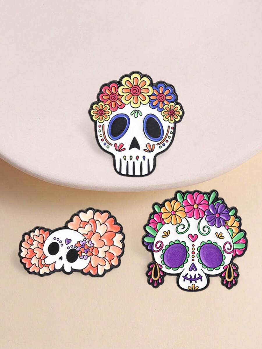 3Pcs Mexican Day Of The Dead Floral Sugar Skull Enamel Pin Latin Folk Cartoon Brooch Holiday Decor Badge