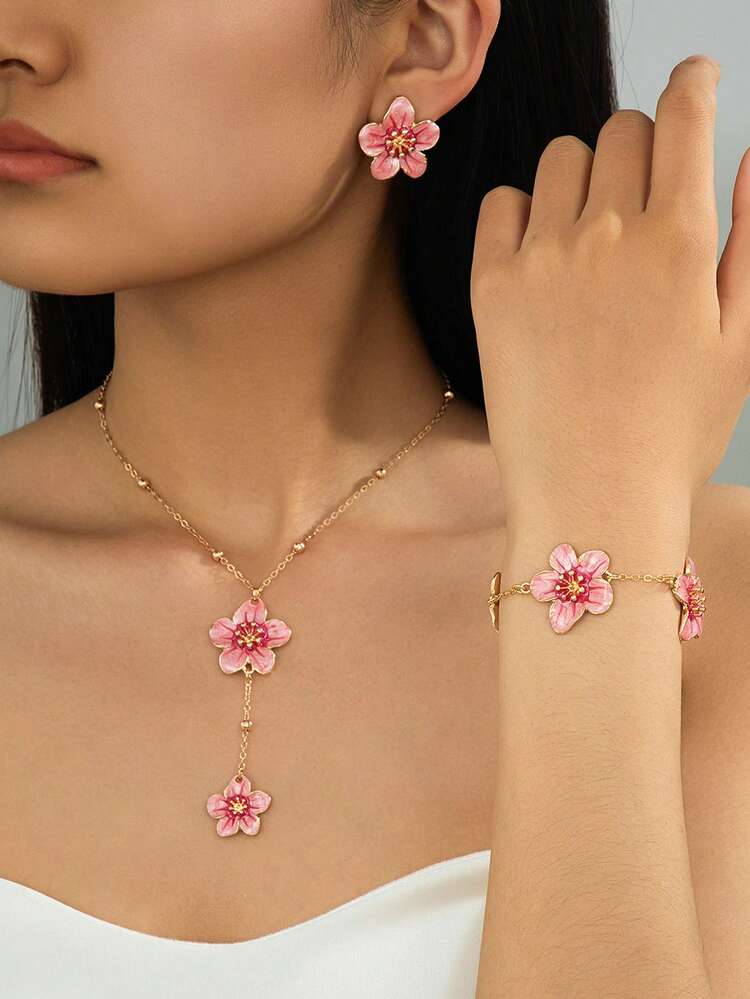 1pc New Elegant Elegant Handmade Oil-Drip Soft Pink Enamel Plumeria Pendant Necklace/Bracelet/Earrings Women's 3pcs Jewelry Set - Pink - View 1