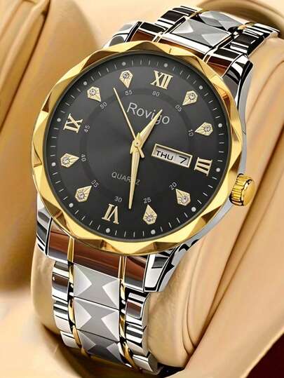 1pc Men's Luxury Gold-Tone Stainless Steel Band Wristwatch, Black Dial Roman Numeral Diamond Marker Round Double Calendar Cut Bezel Stainless Steel Metal Men's Luxury Watch, Elegant And Sophisticated Business Men's Accessory, Suitable As A Light Luxury Gift For Father's Day, Birthday, Valentine's Day For Boyfriend And Young Men