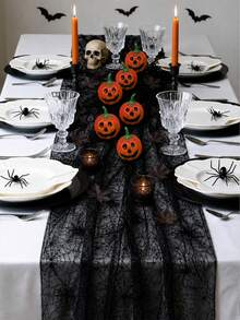 1 Set Black Spider Web Table Runner, Ghost Pumpkin Transparent Tablecloth, Halloween Decoration For Dining Table, Fireplace, Party Atmosphere, Home Decor - Pumpkin + Table Runner - View 3