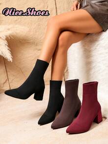 2026 New Elegant Fashion Chunky Heel Pointed Toe Boots, Elastic Slim Sock Boots, High Heel Ankle Boots For Spring, Autumn, Winter, All Seasons - Black - View 8