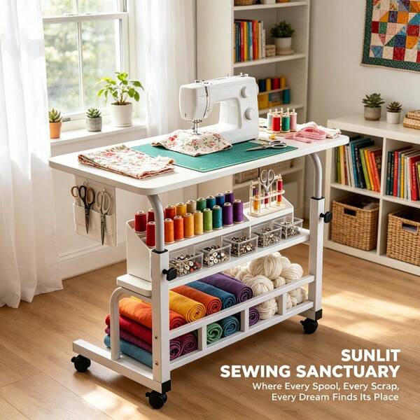 Adjustable Height Sewing Craft Table With Wheels, Multi-Tier Storage Sewing Workbench With Tabletop Riser, Portable Rolling Fabric Cutting Table, Suitable For DIY Quilting Sewing Projects, Home Gardening, And More, Essential For Craft Enthusiasts