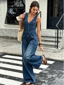 Women Jumpsuits - 中等水洗藍 - 查看 4