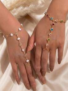 2pcs Fashionable Elegant Heart-Shaped Colorful Rhinestone Rose Pearl Finger Bracelet Set, Suitable For Daily Wear And Party, Perfect Gift For Lover And Mother - Multicolor - View 2