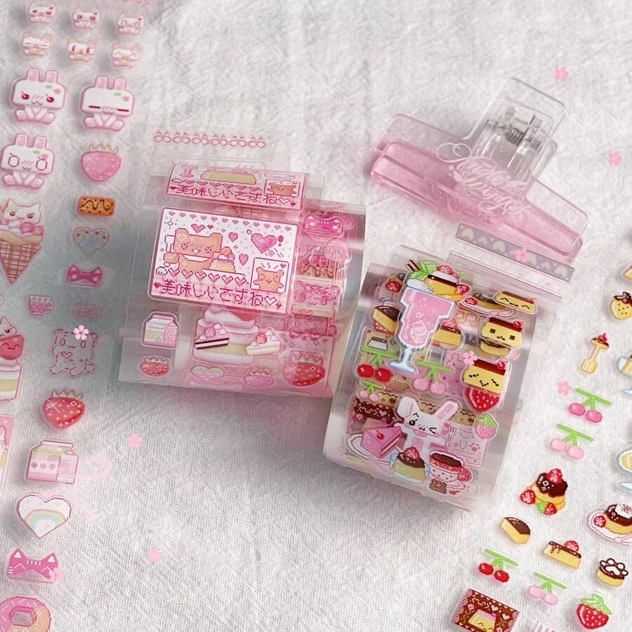 35cm/Loop Pixel Strawberry Pudding Dessert PET Sticker Roll Cute Die Cut Decals For Journal Scrapbook Planner Card Making Kawaii Stationery Supplies - Black - View 1