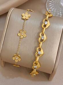 Set/1Pc Luxury Elegant Stainless Steel Zirconia Flower Heart Link Bracelet With Single Diamond Dainty Jewelry For Women,Party,Daily/Christmas,Boho/Y2K - Multicolor - View 1