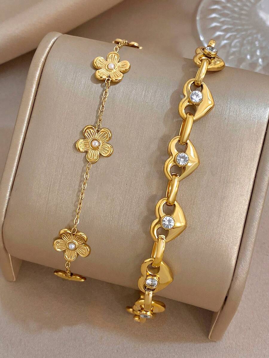 Set/1Pc Luxury Elegant Stainless Steel Zirconia Flower Heart Link Bracelet With Single Diamond Dainty Jewelry For Women,Party,Daily/Christmas,Boho/Y2K - Multicolor - View 1