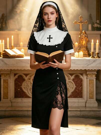 Halloween Nun Costume For Women Cosplay Costume Dress Outfit With Nun Hat