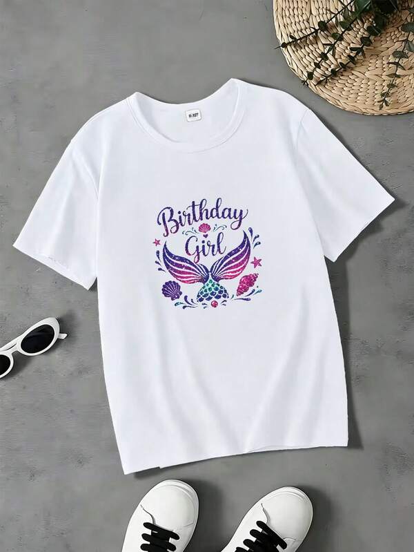 Girls' Summer Short-Sleeve T-Shirt, Fitted T-Shirt, Cotton Knit Fabric, Fashionable Street Style